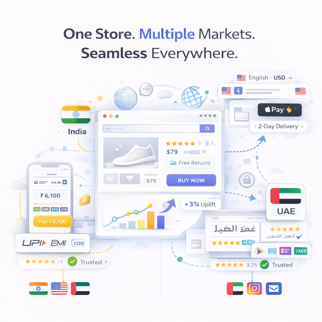 One e-commerce store, three markets: India wants EMI + COD, US expects 2-day shipping, UAE demands premium Arabic UX.